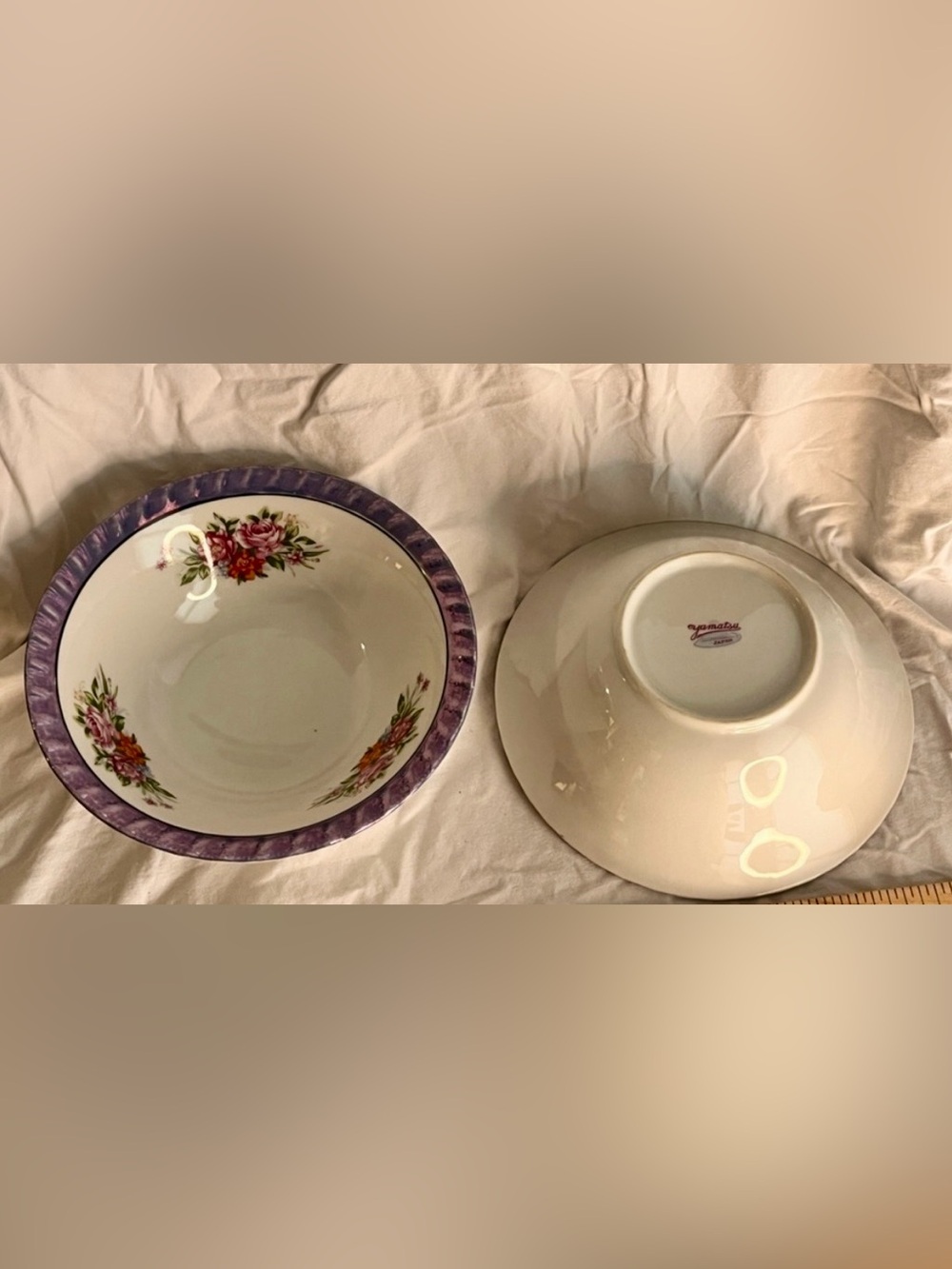 Yamatsu Japan Lusterware Set of 2 Bowls Flower Design Purple Blue Fluted Rim VTG